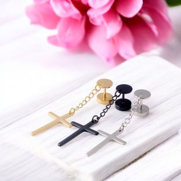 Dumbbell Cross Dangle Earrings Stainless Steel Pierced Unisex Gold Black Silver - Picture 2 of 9